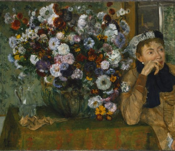 زنی نشسته در کنار گلدان گل، رنگ روغن، ۱۸۶۵